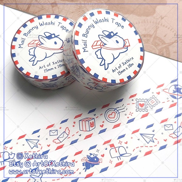 Mail Bunny Washi Tape 15mm x 10m | Happy Mail Letter Post Office Bunny Rabbit Masking Tape | Cute Kawaii Stationery Journal Bujo Planner