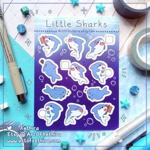 Kleine Haie Sticker Bogen | Babyhai Ozean Seefisch | Semi Transparent Frosted Matt | Süßer Kawaii Stationery Journal Bujo Planer