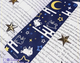 Starry Night Bookmark | Book Accessory Reading Bunny Rabbit Star Moon Cloud Cosmos Space Galaxy | Cute Kawaii Painting Illustration Gift