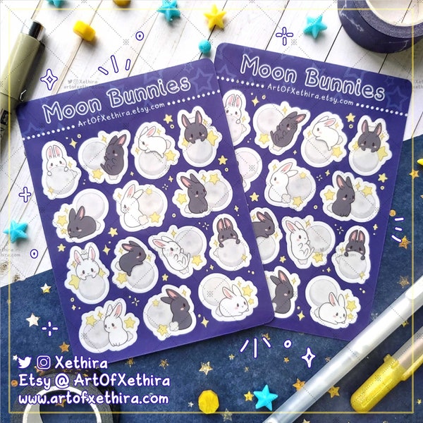 Moon Bunnies Clear Sticker Sheet | Bunny Rabbit Star Night | Semi Transparent Frosted Matte | Cute Kawaii Stationery Journal Bujo Planner