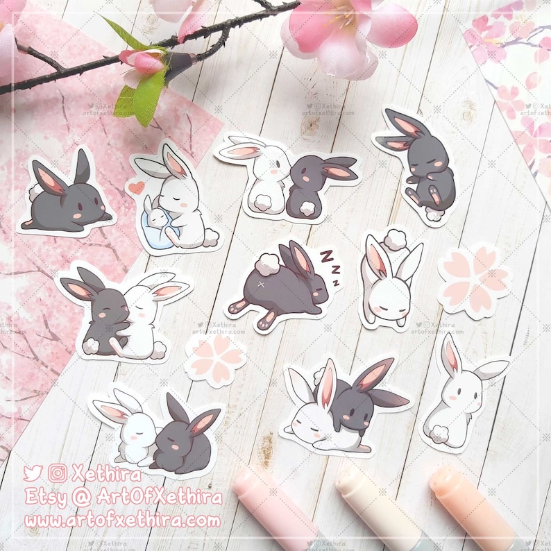 Sakura Bunnies Sticker Pack Cherry Blossom Bunny Rabbit Love Couple Cute Kawaii Stationery Journal Bujo Planner Die-cut Gift Present image 1