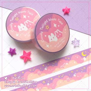 Cloudy Twilight Bunny Washi Tape 15mm x 10m | Moon Clouds Stars Pastel Rabbit Masking Tape | Cute Kawaii Stationery Journal Bujo Planner