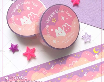 Cloudy Twilight Bunny Washi Tape 15mm x 10m | Moon Clouds Stars Pastel Rabbit Masking Tape | Cute Kawaii Stationery Journal Bujo Planner