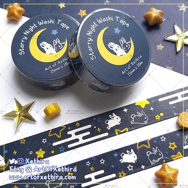 Starry Night Gold Foil Washi Tape 15mm x 10m | Moon Stars Bunny Rabbit Couple Masking Tape | Cute Kawaii Stationery Journal Bujo Planner