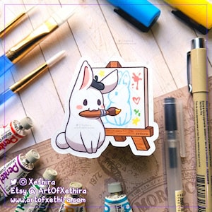 autocollant lapin d'artiste | Art peinture dessin toile galerie pinceau lapin découpé autocollant | Joli carnet de papeterie kawaii Bujo Planner