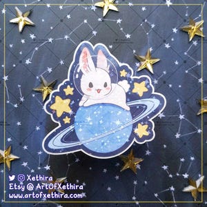 Pegatina holográfica de conejito de galaxia / Conejo holográfico arcoíris brillante con planetas, estrellas, astronauta espacial / Lindo diario de papelería kawaii, planificador Bujo