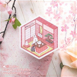 Cozy Tea Time-Häschen Holographischer Aufkleber | Rainbow Holo Sparkly Rabbit Japanisches Kotatsu Rosa | Süßer Kawaii Stationery Journal Bujo Planer