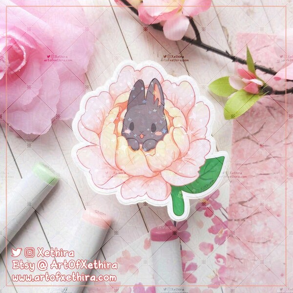 Peony Bunny Holographic Sticker | Rainbow Holo Sparkly Black Rabbit Forest Leaves | Cute Kawaii Stationery Journal Bujo Planner Gift Present