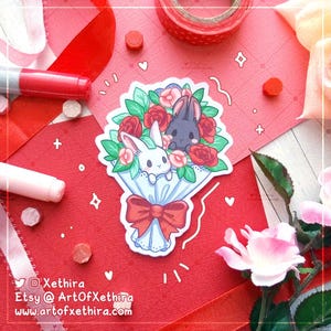 Adesivo Bouquet Coniglietto / Coppia di Conigli Amore Fiori Rose Amico Festa della Mamma Regalo Presente / Carino Kawaii Cancelleria Giornale Bujo Planner Arte