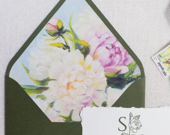 Forest Green Envelopes with Watercolor Peony Liner (10 Pack) – Textured 140gsm, Luxury Wedding Stationery, A7/B6/C6 Sizes