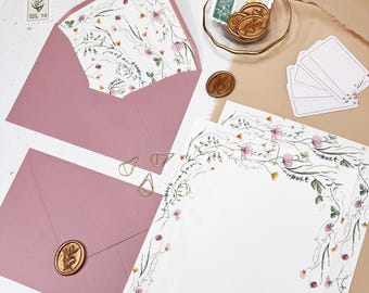 Dusty Pink Letter Writing Set | Handmade Stationery Kit – Envelopes, Wax Seals, Floral Paper, Address Labels, Gold Clips, Set of 30 Pieces