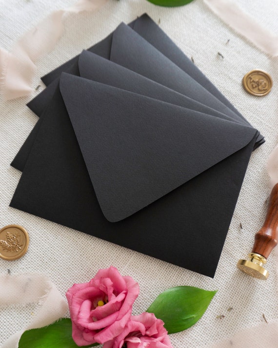 Premium Handmade Black Matte Euro-Flap Envelopes | 140 gsm Textured Paper, Set of 10 – Ideal for Wedding Stationery