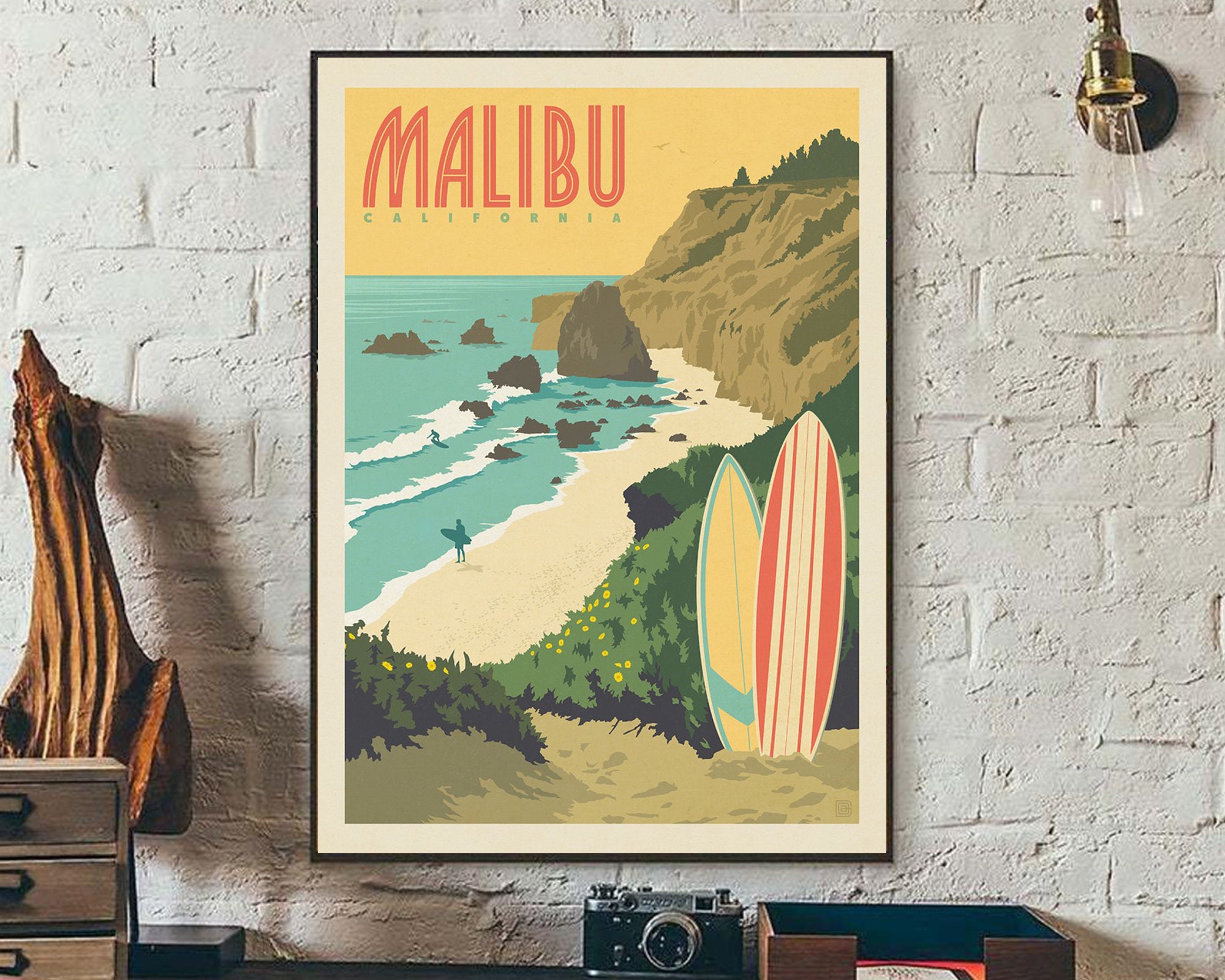 Malibu Beach Travel Poster California Surfing Vintage Print Etsy