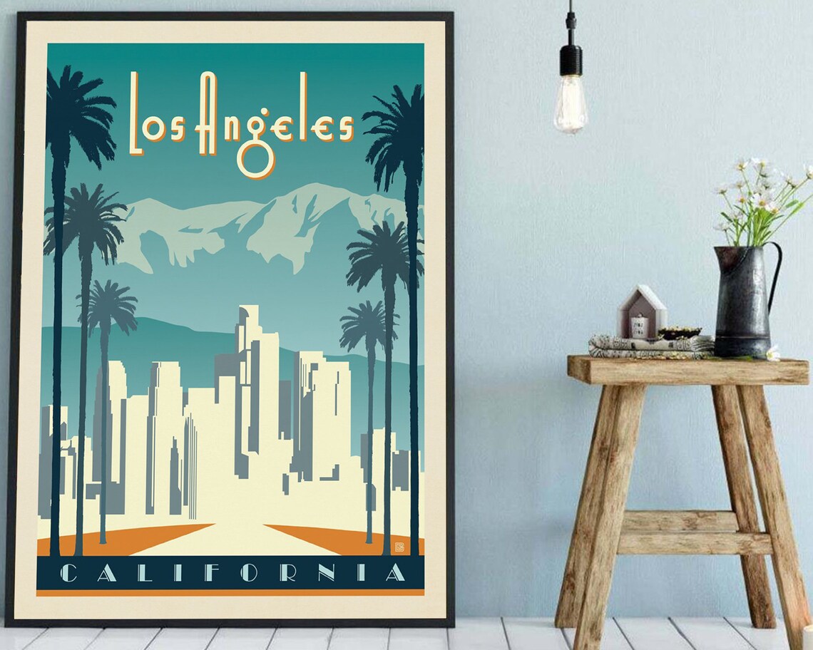 Los Angeles Skyline Poster Vintage California Retro Travel Etsy