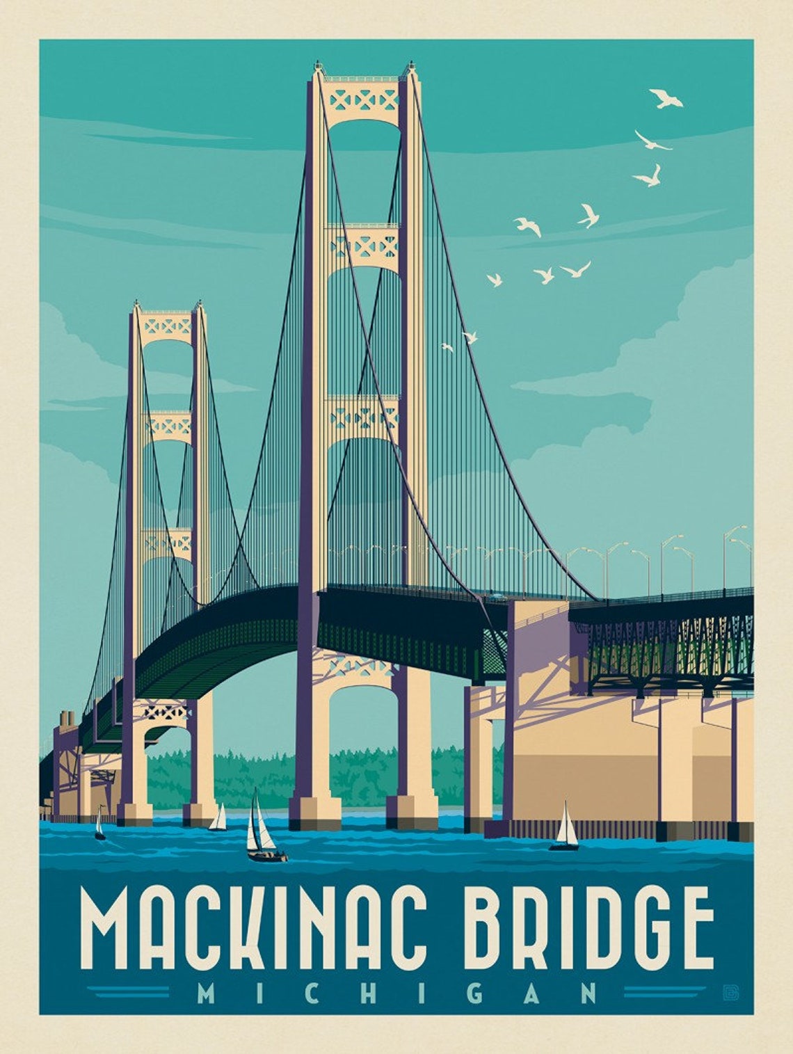 Mackinac Bridge Vintage Poster Michigan State Art Print Etsy