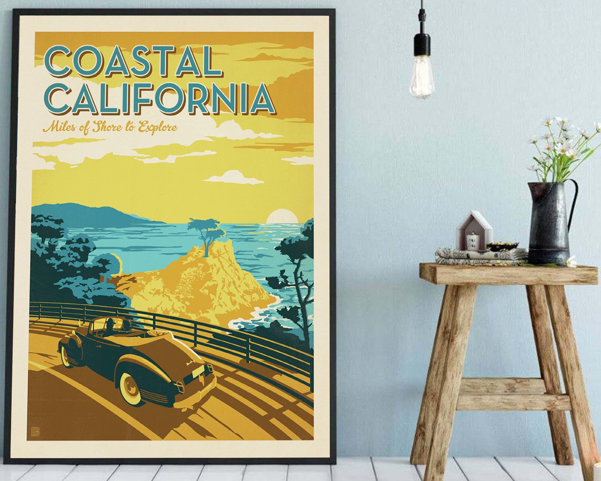 Coastal California Travel Poster Driving Car Vintage Print Etsy