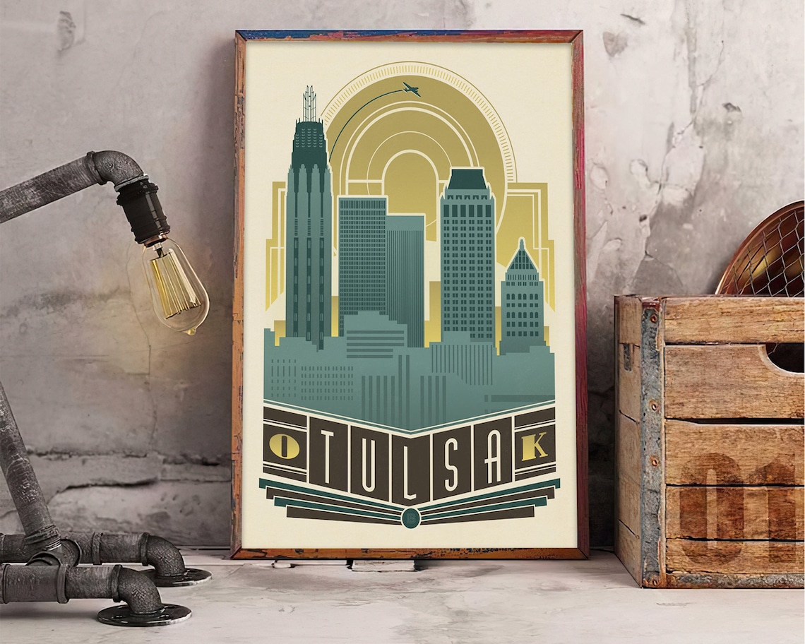 Tulsa OK Travel Poster Tulsa Deco Skyline Vintage Print Etsy