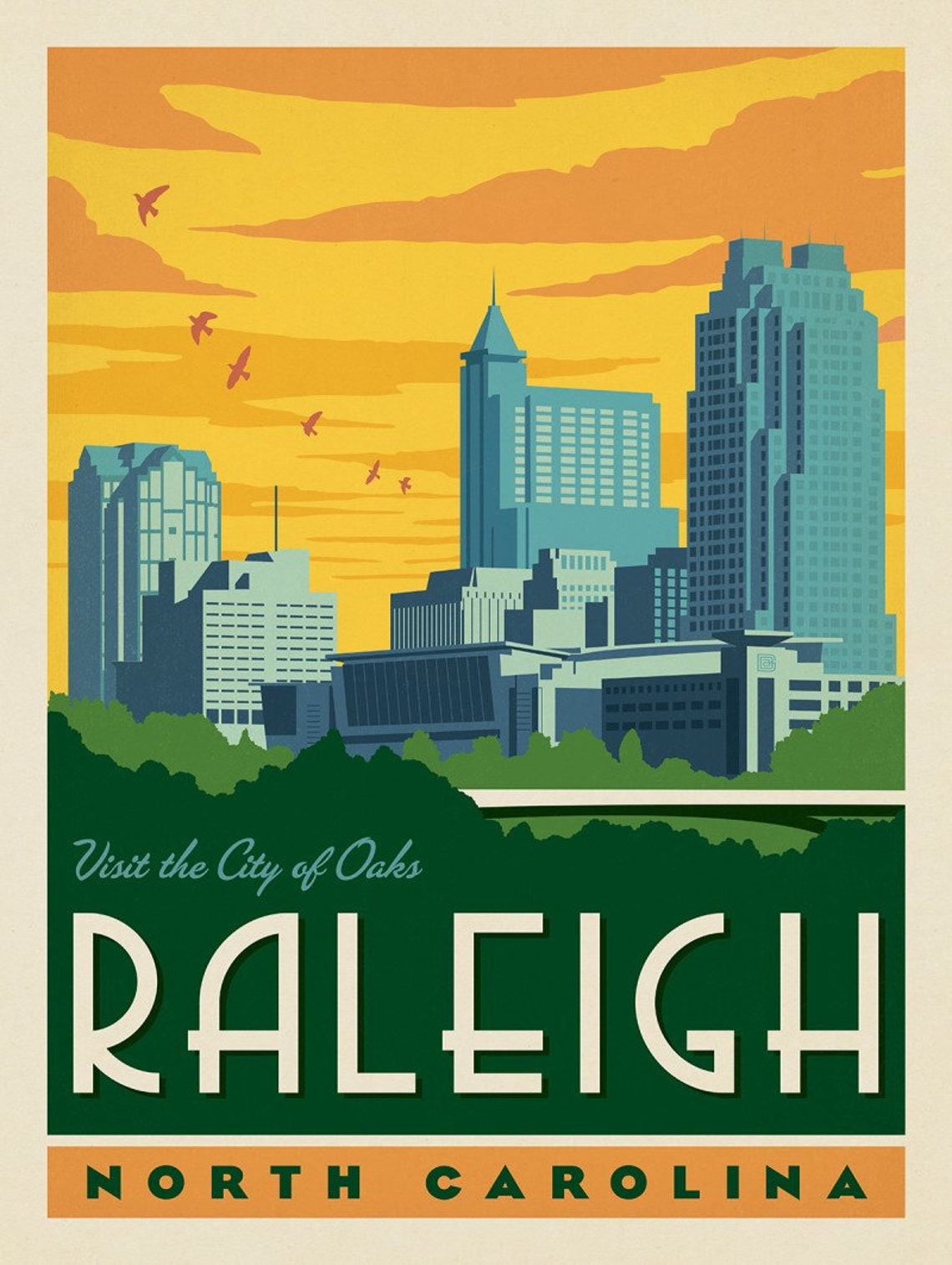 Visit The City Of Oaks Poster Raleigh City in North Carolina  Etsy