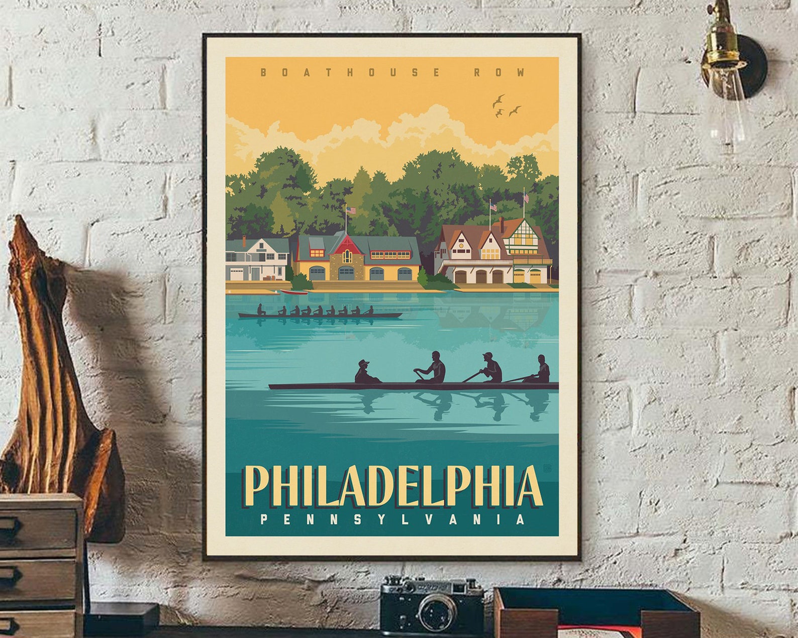 Philadelphia Travel Poster Boathouse Row Vintage Print Etsy