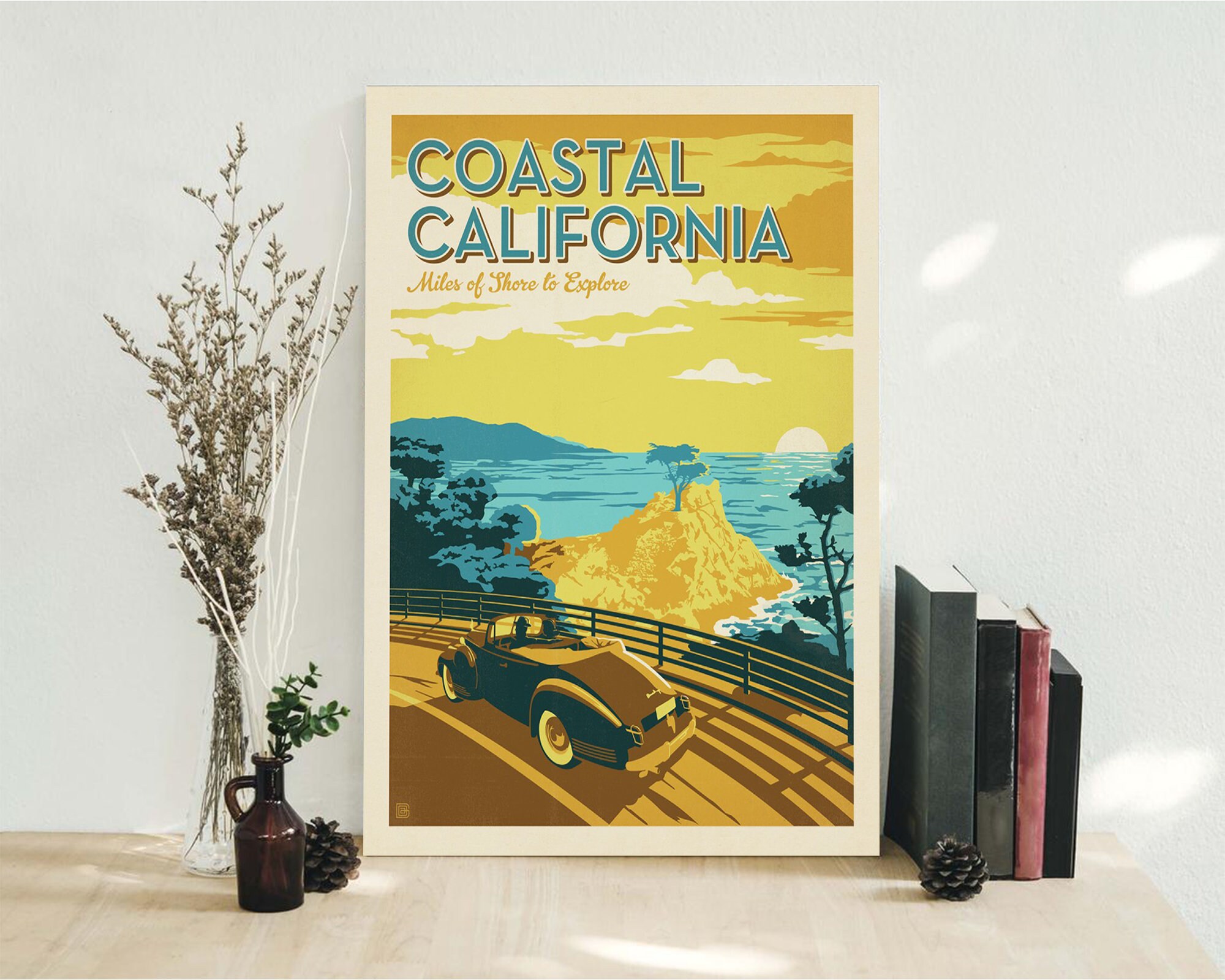Coastal California Travel Poster Driving Car Vintage Print Etsy