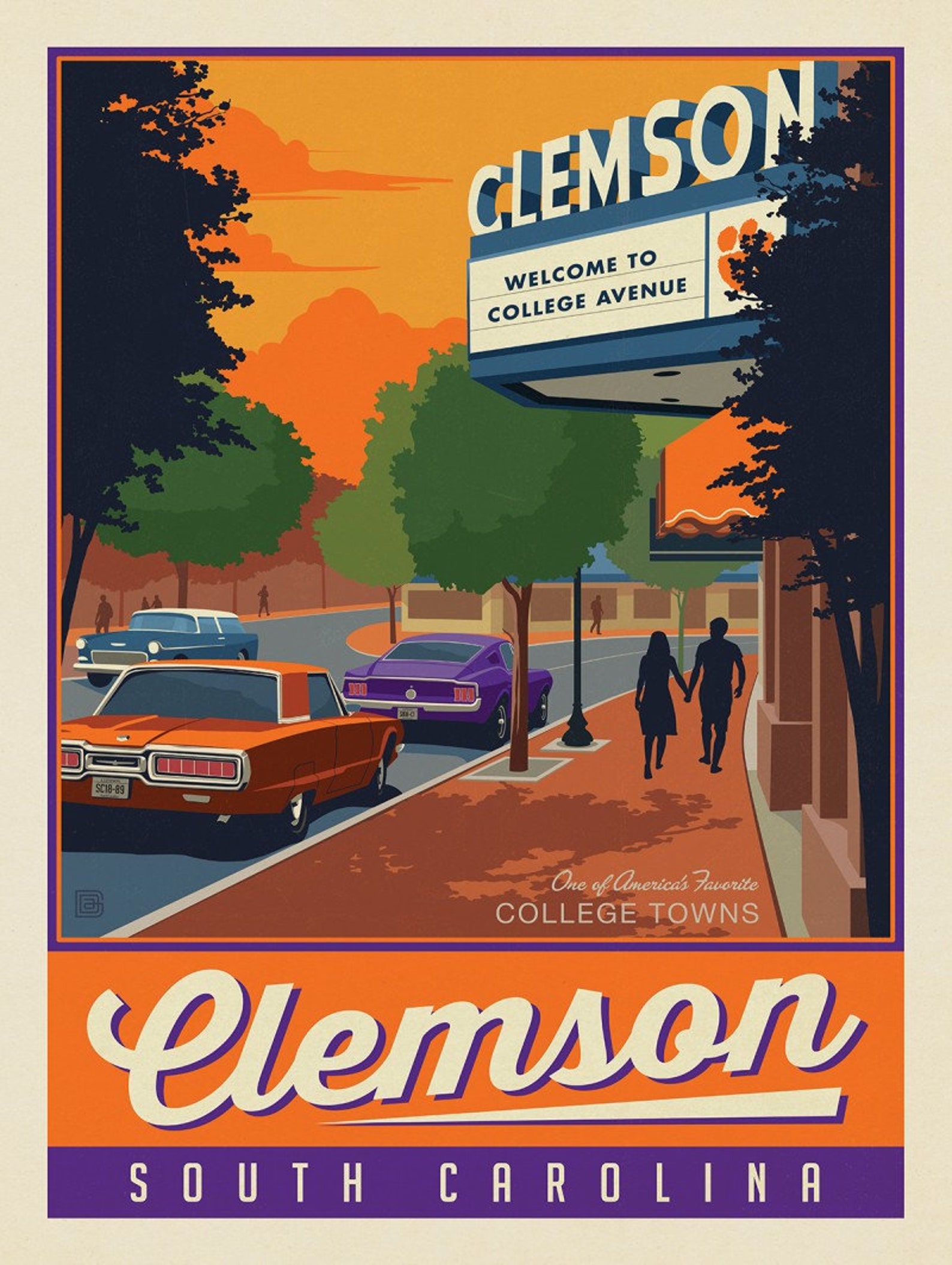 Clemson SC Poster Travel College Avenue Vintage Print Etsy