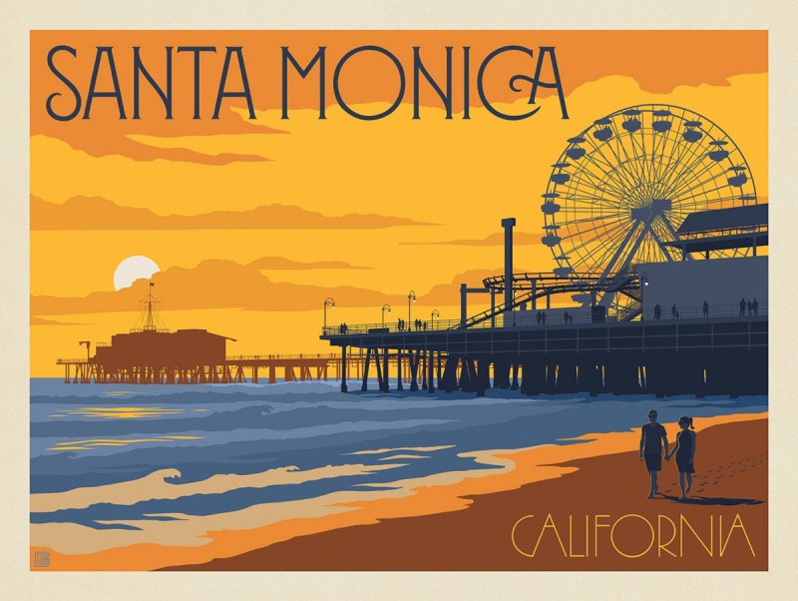 Santa Monica Pier Travel Poster Sunset California Vintage Etsy