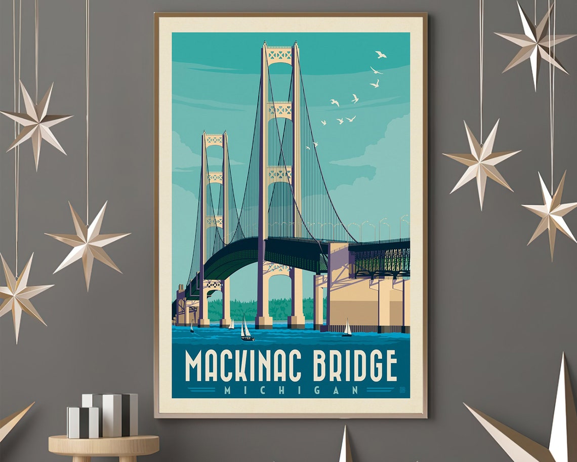 Mackinac Bridge Vintage Poster Michigan State Art Print Etsy