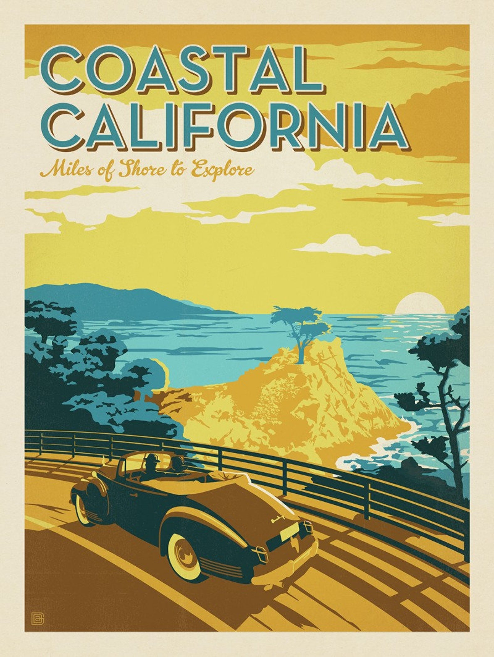 Coastal California Travel Poster Driving Car Vintage Print Etsy