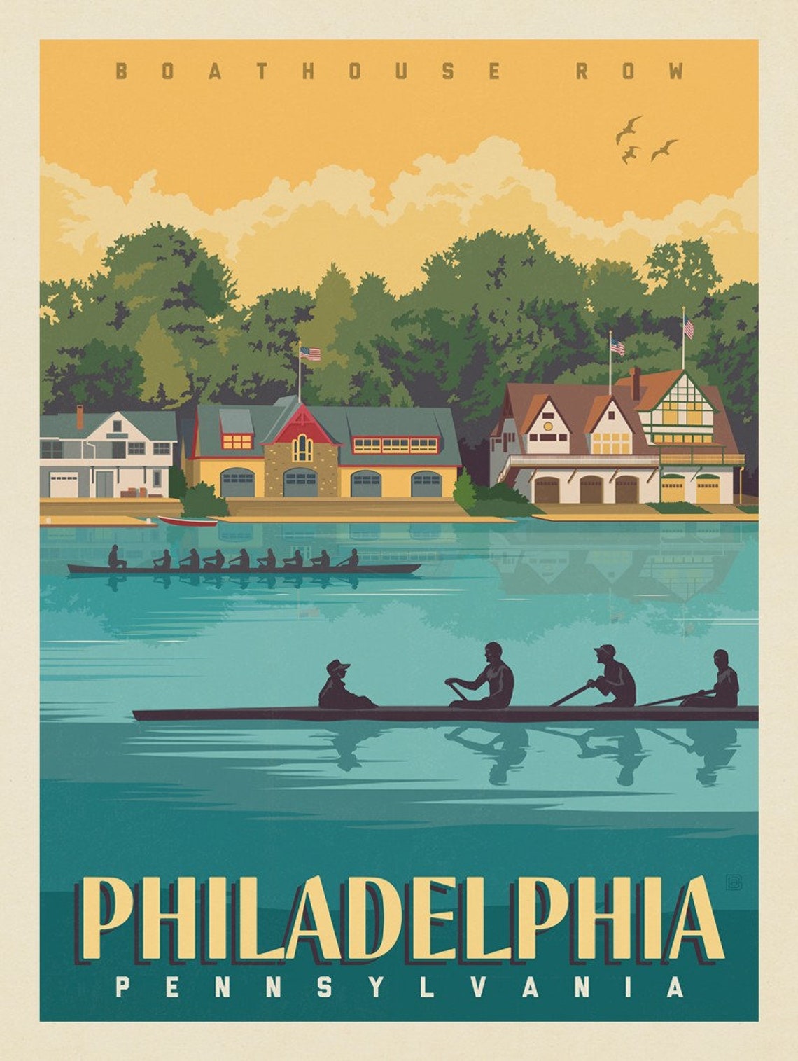 Philadelphia Travel Poster Boathouse Row Vintage Print Etsy