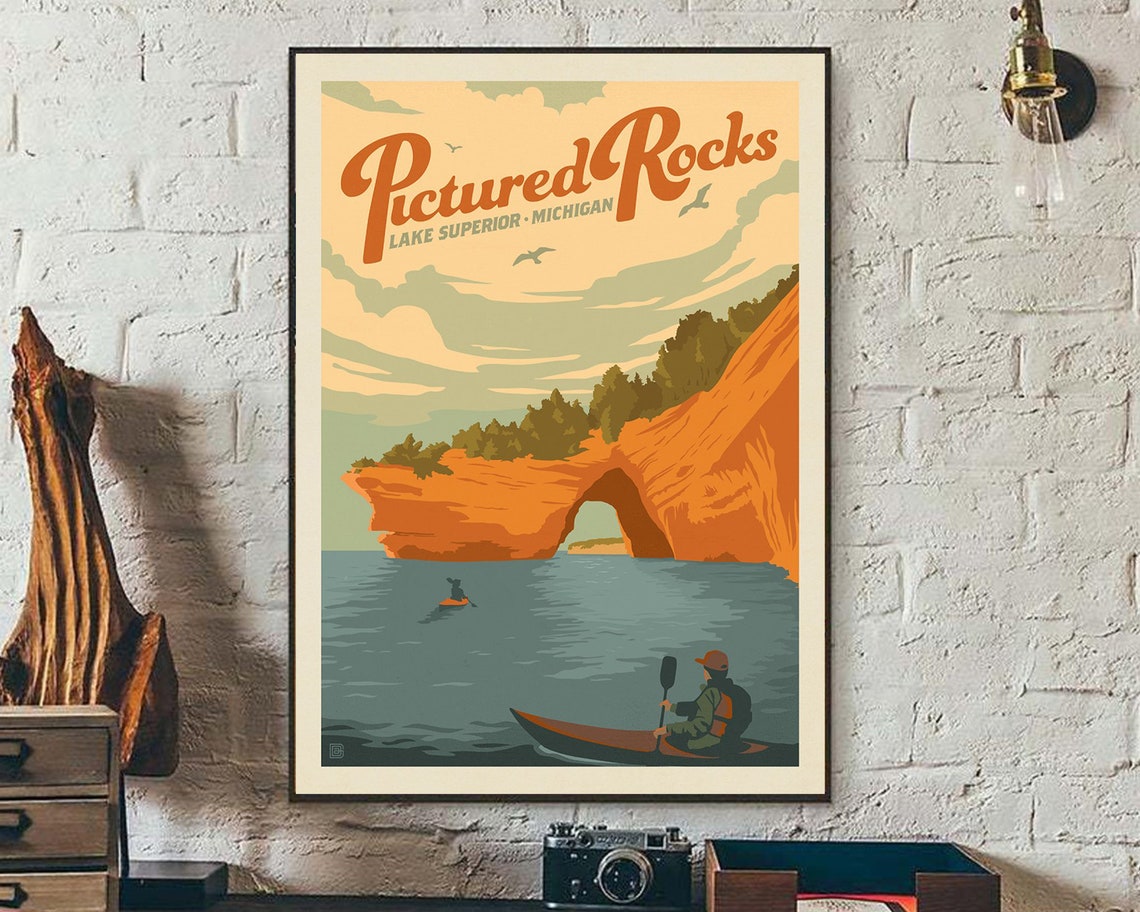 Pictured Rocks MI Poster Lake Superior Michigan Retro Travel Etsy