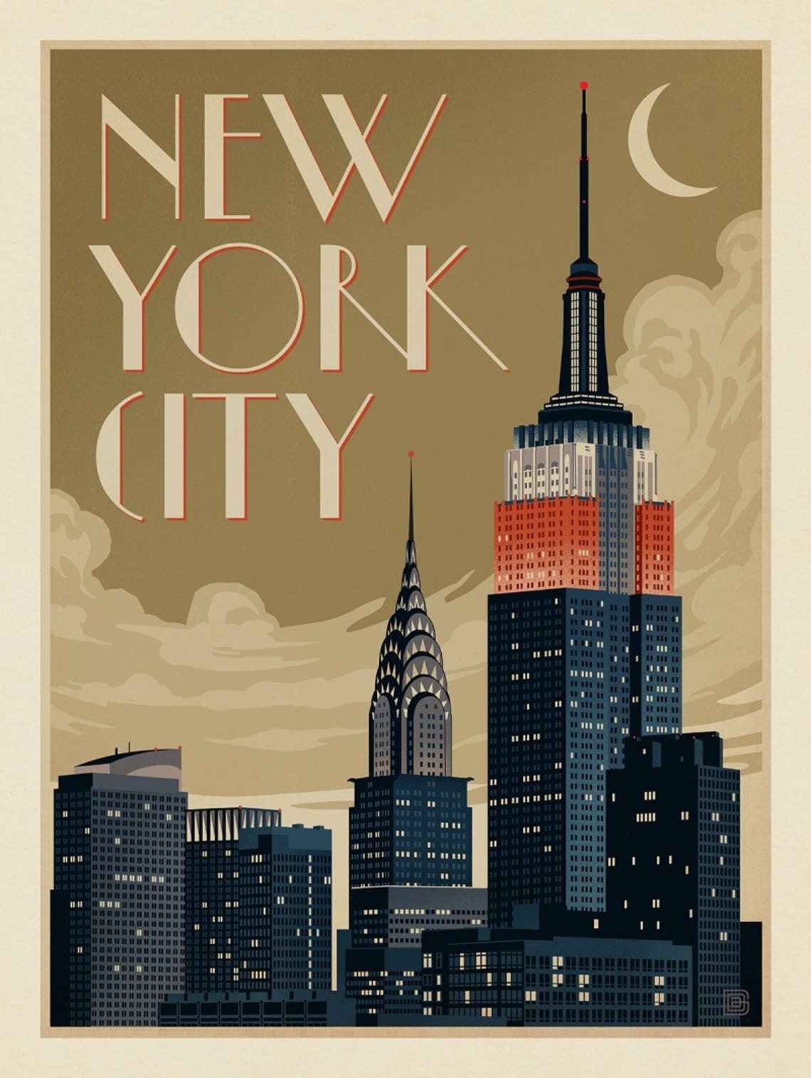 New York City Poster Deco Skyline NYC Retro Travel Print Etsy