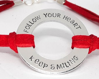 Follow Your Heart / Keep Smiling Washer Bracelet - Hand Stamped