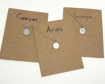 Zodiac Sign Charm Necklace - Hand Stamped - Pisces Capricorn Virgo Libra Sagittarius Taurus Aquarius Gemini Leo Cancer Aries Scorpio