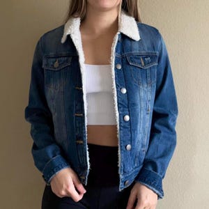 Handmade Sherpa Lined Denim Jacket | Women&#39;s Blue Jean Jacket with Faux Fur Lining | Cozy Warm Winter Coat | Vintage 90s Style Fur Jacket