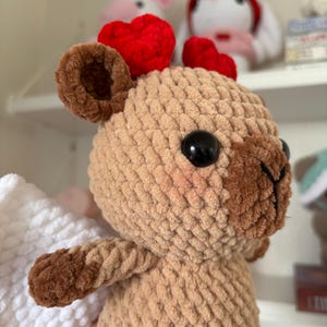 Puede incluir: Un juguete de peluche de color marr&oacute;n tejido a crochet con corazones de fieltro rojo en la cabeza y alas blancas tejidas a crochet. El juguete tiene ojos negros y una nariz marr&oacute;n.