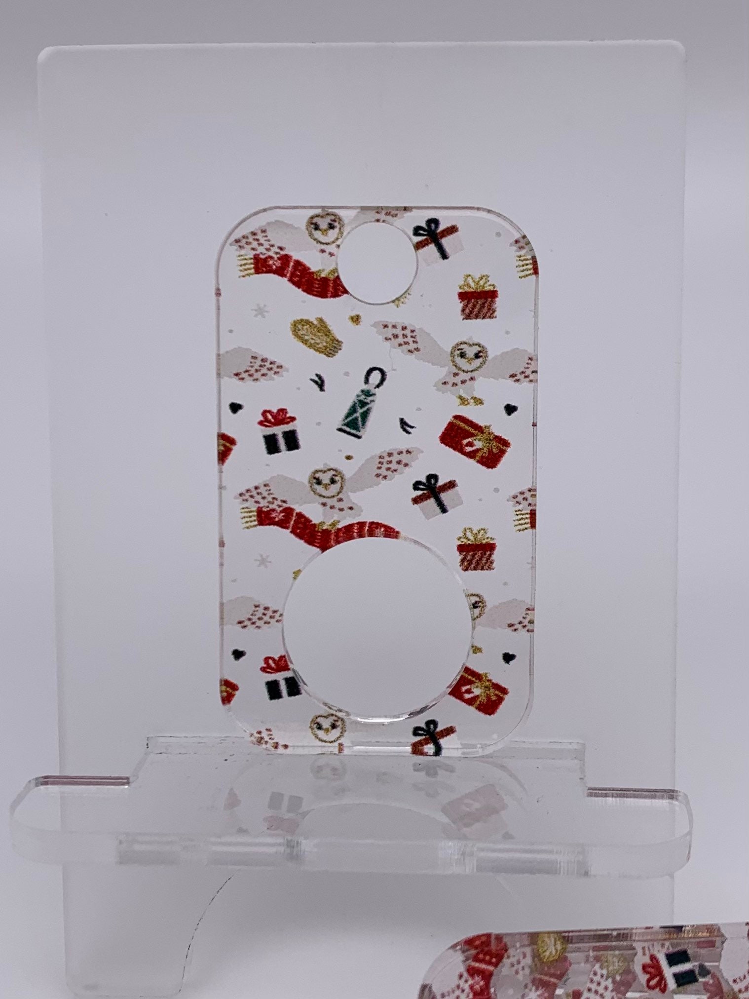 Limited edition Rectangular Owl w/packages print on clear acrylic thread drops. A Crossed In Stitche