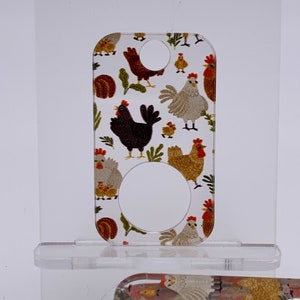 Limited edition Rectangular Hens print on clear acrylic thread drops. A Crossed In Stitches exclusive.