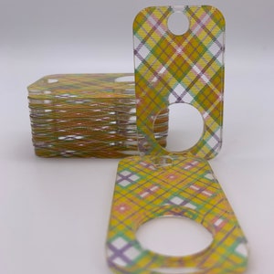 Limited edition Rectangular yellow plaid on clear acrylic thread drops. A Crossed In Stitches exclusive.