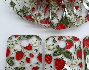 Limited edition Rectangular Strawberry field print on clear acrylic thread drops. A Crossed In Stitches exclusive.