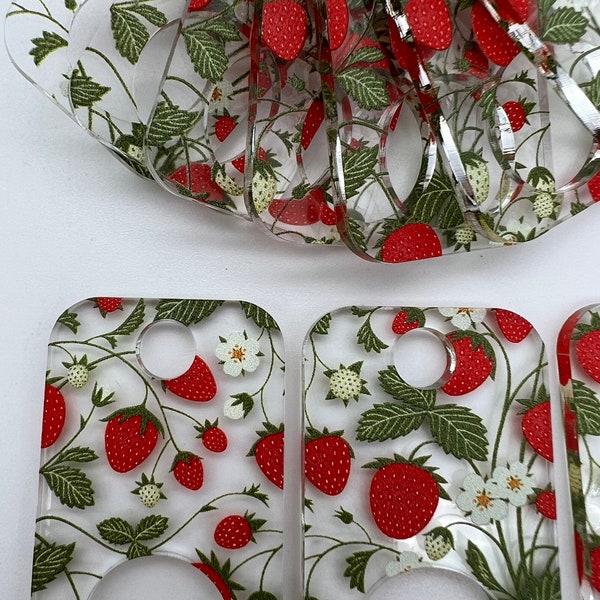 Limited edition Rectangular Strawberry field print on clear acrylic thread drops. A Crossed In Stitches exclusive.