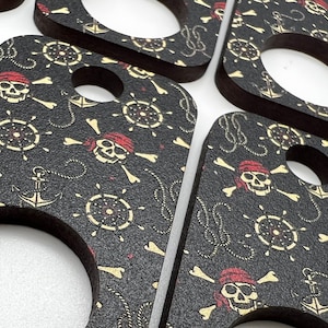 Pirate skulls image rectangular MDF thread drops. Double sided imagery