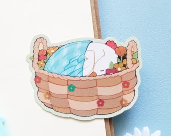 Flower Basket Goose Vinyl Holographic Sticker | Cottagecore Waterproof Sticker | Cute Geese Sleeping for Water Bottles, Notebook, Journaling