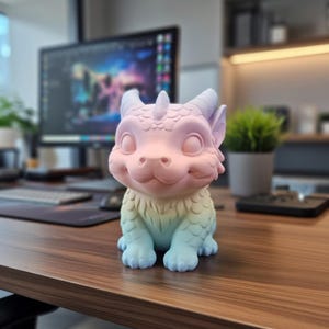 Może przedstawiać: Pastelowa figurka smoka z uśmiechniętą twarzą, rogami i detalami łusek. Kolory smoka przechodzą od różowego do żółtego i niebieskiego. Figurka stoi na drewnianym biurku.