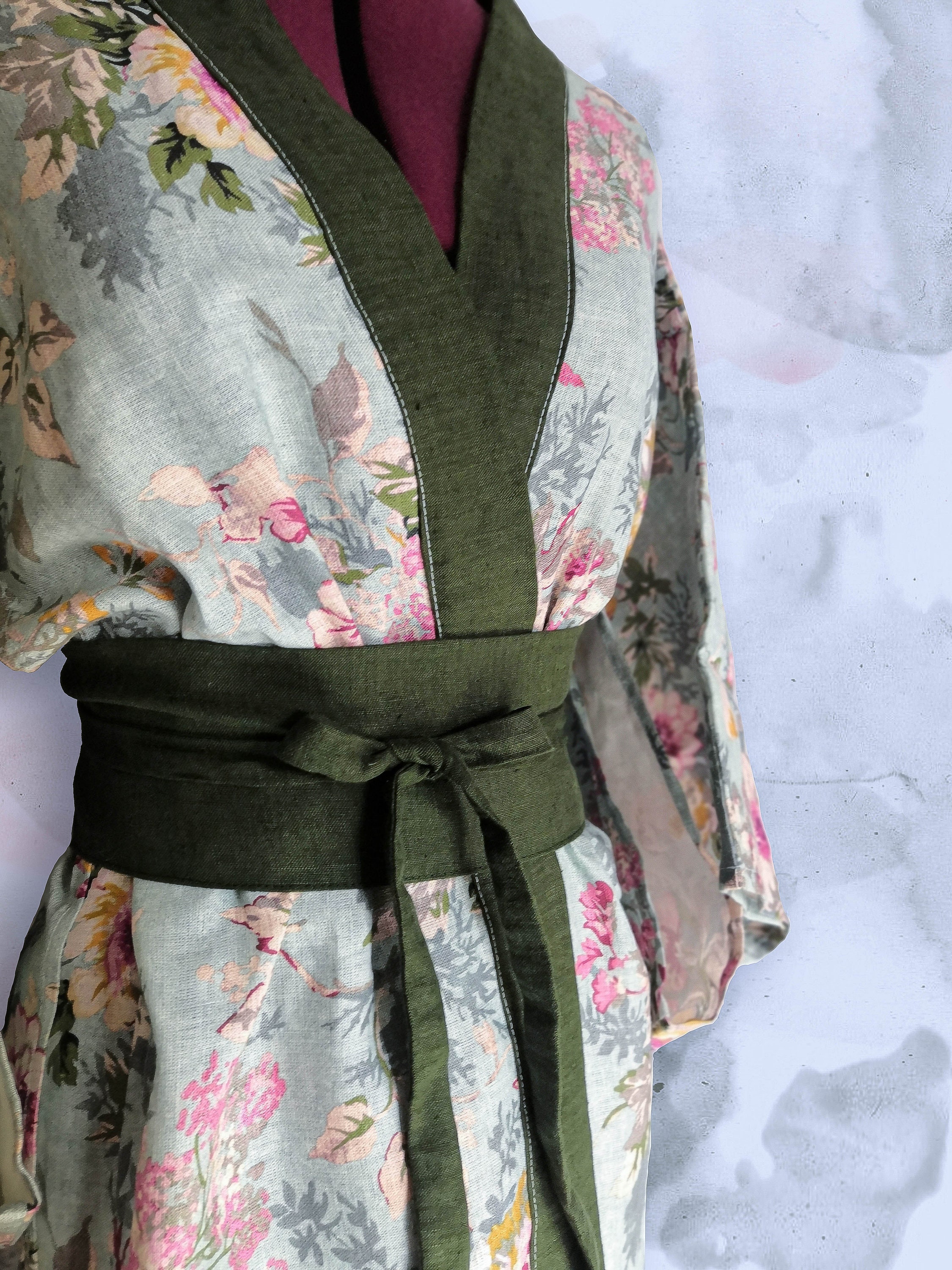 Vestido Kimono Unisex con Cinturón Obi / Bata / Estilo Floral Boho ...