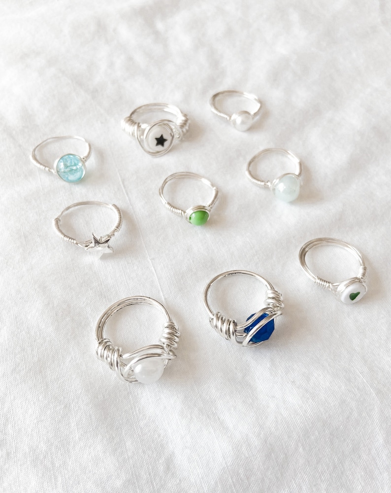 custom ring blue pearl ring star ring pearl ring silver star ring Silver wire wrap rings glass ring aesthetic ring blue ring