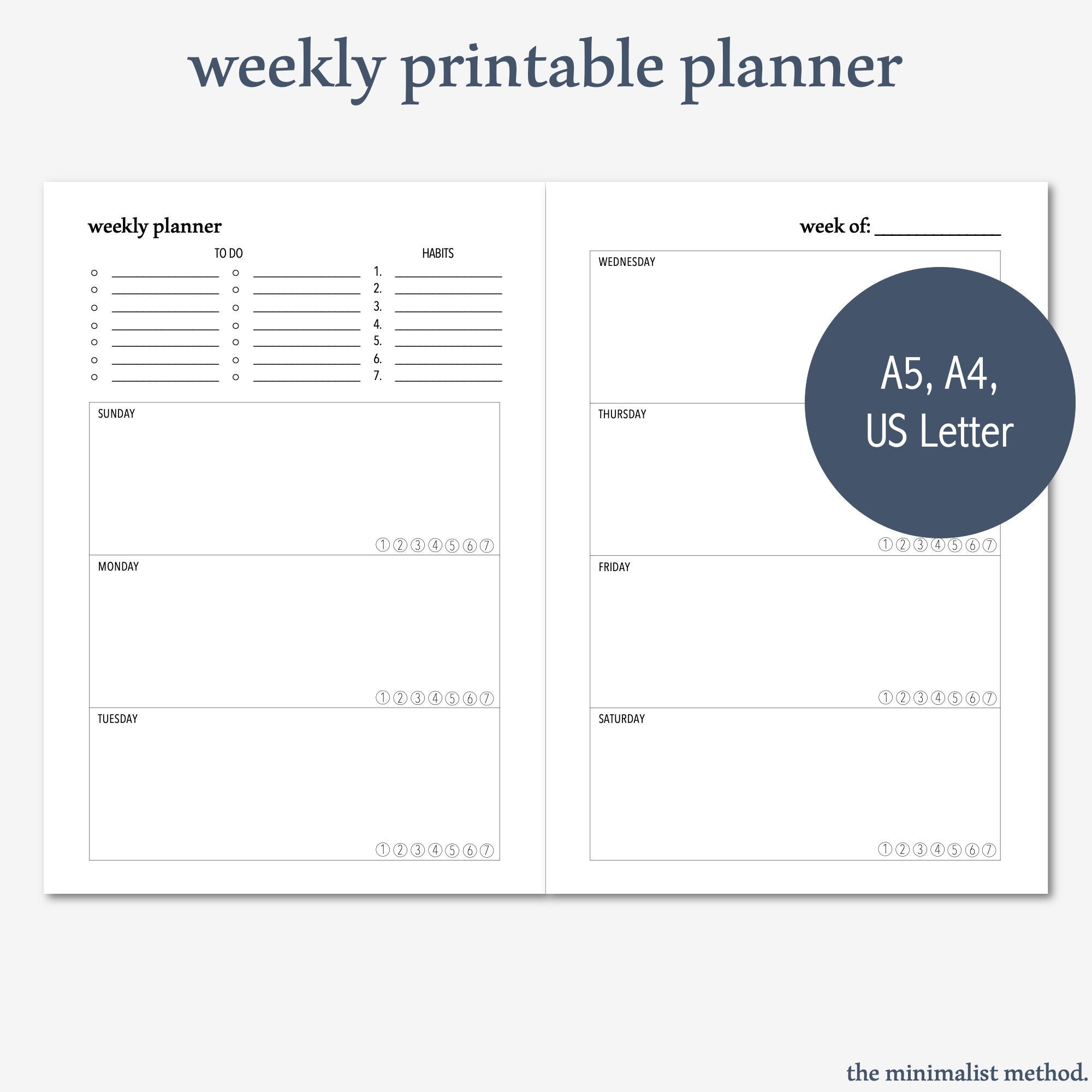 weekly planner printable 2 page horizontal week planner etsy
