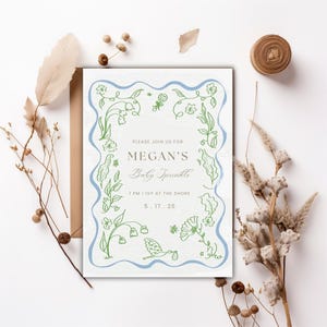 Uitnodiging babyshower uitnodigingskaart babyshower, uitnodiging babyshower, bewerkbare sjabloon babyshower, trendy groene handgetekende uitnodiging