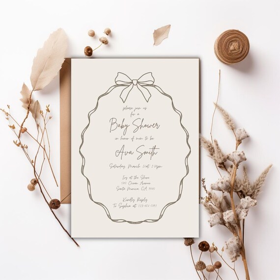 Neutral Baby Shower Invitation Template: Hand Drawn Bow (Editable PDF)