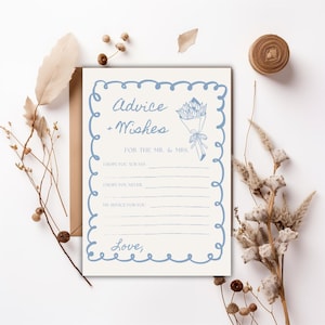 Off-The-Market Brautdusche Ratschläge und Wünsche Karte, Blumen Andenken, bearbeitbare handgezeichnete Vorlage, Blumen Braut, Braut blau Dusche Karte
