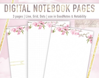 Digital Notebook Pages | Line, Grid, Dots | Botanical | Goodnotes & Notability | Instant Download A4 PDF File